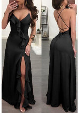 Black Spaghetti Strap Ruffle Side Slit Deep V-neck Flowy Las Vegas Maxi Dress