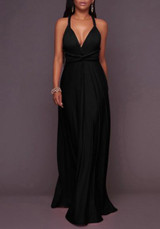 Black Draped Backless Lace-up Deep V-neck Homecoming Party Maxi Dress