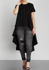Black Draped Irregular Swallowtail High-Low Round Neck Short Sleeve Maxi Dress