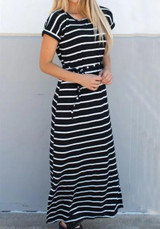 Black-White Striped Drawstring Lace-up Casual Maxi Dress