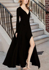 Black Draped Sashes Slit Flowy Lace-up Deep V-neck Elegant Vegas Party Maxi Dress