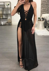 Black Sashes Cut Out Backless Side Slit Halter Neck Clubwear Party Maxi Dress