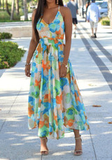 Multicolor Flowers Print Draped Side Slit Spaghetti Strap Bohemian Maxi Dress