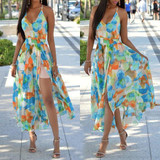 Multicolor Flowers Print Draped Side Slit Spaghetti Strap Bohemian Maxi Dress