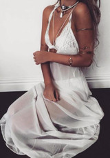 White Condole Belt Cross Back Plunging Neckline Maxi Dress