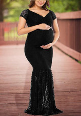 Black Lace Pleated Mermaid V-neck Maternity Elegant For Babyshower Party Maxi Dress