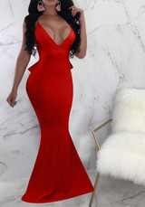 Red Ruffle Spaghetti Strap Backless Mermaid Deep V-neck Elegant Party Maxi Dress