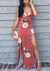Pink Flowers Print Double Slit Backless Bohemian Thigh High Side Slit Maxi Dress