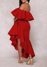 Red Ruffle Irregular Off Shoulder Backless High-Low Banquet Elegant Maxi Dress