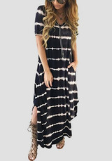 Black-White Striped Pockets Side Slit V-neck Casual Maxi Dress Black-White Striped Pockets Side Slit V-neck Casual Maxi Dress