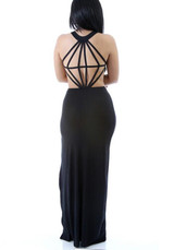 Black Plain Condole Belt Backless Side Slit Maxi Dress