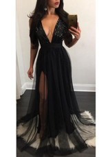 Black Patchwork Grenadine Sequin Cross Back Backless Plunging Neckline Gowns Party Maxi Dress Black Patchwork Grenadine Sequin Cross Back Backless Plunging Neckline Gowns Party Maxi Dress