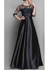 Black Patchwork Lace Zipper Rhinestone A-Line Elegant Maxi Dress