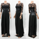 Black Patchwork Lace Zipper Rhinestone A-Line Elegant Maxi Dress