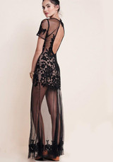 Black Patchwork Embroidery Tie Back Backless Round Neck Fashion Maxi Dress