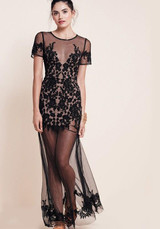 Black Patchwork Embroidery Tie Back Backless Round Neck Fashion Maxi Dress