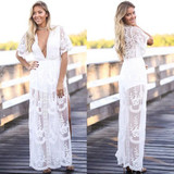 White Patchwork Cut Out Lace Plunging Neckline Fashion Maxi Dress