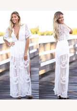 White Patchwork Cut Out Lace Plunging Neckline Fashion Maxi Dress