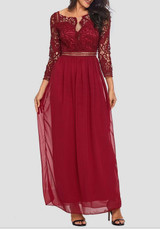 Red Patchwork Lace Draped Backless Elegant Cocktail Party Maxi Dress