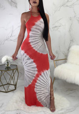 Red Striped Lace-up Halter Neck Backless Side Slit Party Maxi Dress