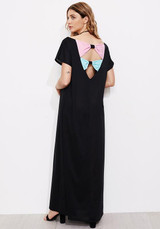 Black Patchwork Bow Irregular Backless Round Neck Short Sleeve Maxi Dress