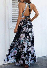 Black Flowers Print Tie Back Draped Backless Side Slit Bohemian Maxi Dress