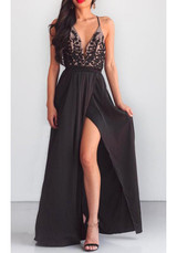 Black Draped Sashes Side Slit Lace-up Deep V-neck Elegant Party Maxi Dress