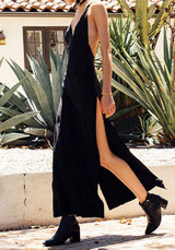 Black Plain Condole Belt Tie Back Backless Plunging Neckline Maxi Dress