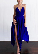 Blue Irregular Back Cross Spaghetti Strap Flowy Deep V-neck Bohemian Party Maxi Dress