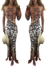 Multicolor Flowers Print Mermaid Backless Spaghetti Strap Bohemian Maxi Dress