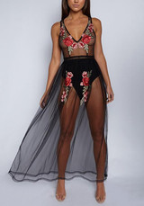 Black Patchwork Grenadine Embroidery V-neck Fashion Maxi Dress