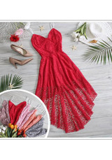 Red Lace Irregular Plunging Neckline Casual Maxi Dress