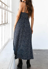 Black Flowers Spaghetti Strap Irregular Side Slit Backless V-neck Fashion Maxi Dress