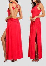 Red Patchwork Irregular Grenadine Backless Sleeveless Maxi Dress