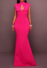Rose Carmine Ruffle Backless Cut Out Mermaid Elegant Party Maxi Dress