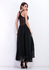 Black Patchwork Condole Belt Hollow-out Grenadine Lace Maxi Dress