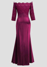 Rose Carmine Patchwork Lace Draped Boat Neck Off Shoulder Elegant Maxi Dress