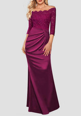 Rose Carmine Patchwork Lace Draped Boat Neck Off Shoulder Elegant Maxi Dress