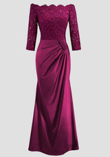 Rose Carmine Patchwork Lace Draped Boat Neck Off Shoulder Elegant Maxi Dress