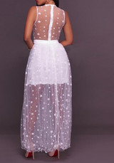 White Galaxy Print Patchwork Lace Grenadine High Waisted Sheer Round Neck Elegant Party Maxi Dress