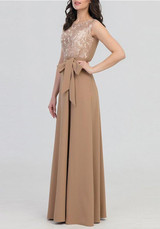 Khaki Patchwork Lace Bow Round Neck Elegant Prom Evening Party Maxi Dress