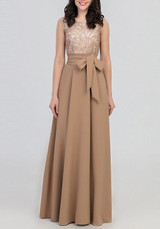 Khaki Patchwork Lace Bow Round Neck Elegant Prom Evening Party Maxi Dress