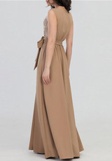 Khaki Patchwork Lace Bow Round Neck Elegant Prom Evening Party Maxi Dress