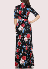 Black Flowers Belt Single Breasted Draped Turndown Collar Maxi Dress
