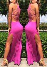 Rose Carmine Plain Condole Belt Backless Side Slit Maxi Dress