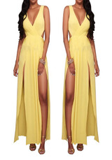 Yellow Plain Tie Back Side Slit Backless Chiffon Maxi Dress