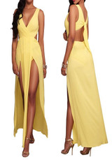 Yellow Plain Tie Back Side Slit Backless Chiffon Maxi Dress