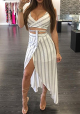 White Striped Cross Back Backless Irregular Two-Piece Holiday Maxi Dress
