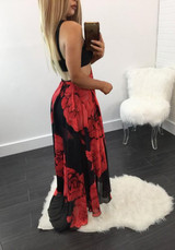 Black Flowers Print Grenadine Irregular High Slit Deep V-neck Party Maxi Dress
