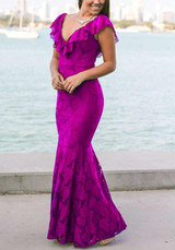 Rose Carmine Patchwork Ruffle Hollow-out Lace Fashion Maxi Dress